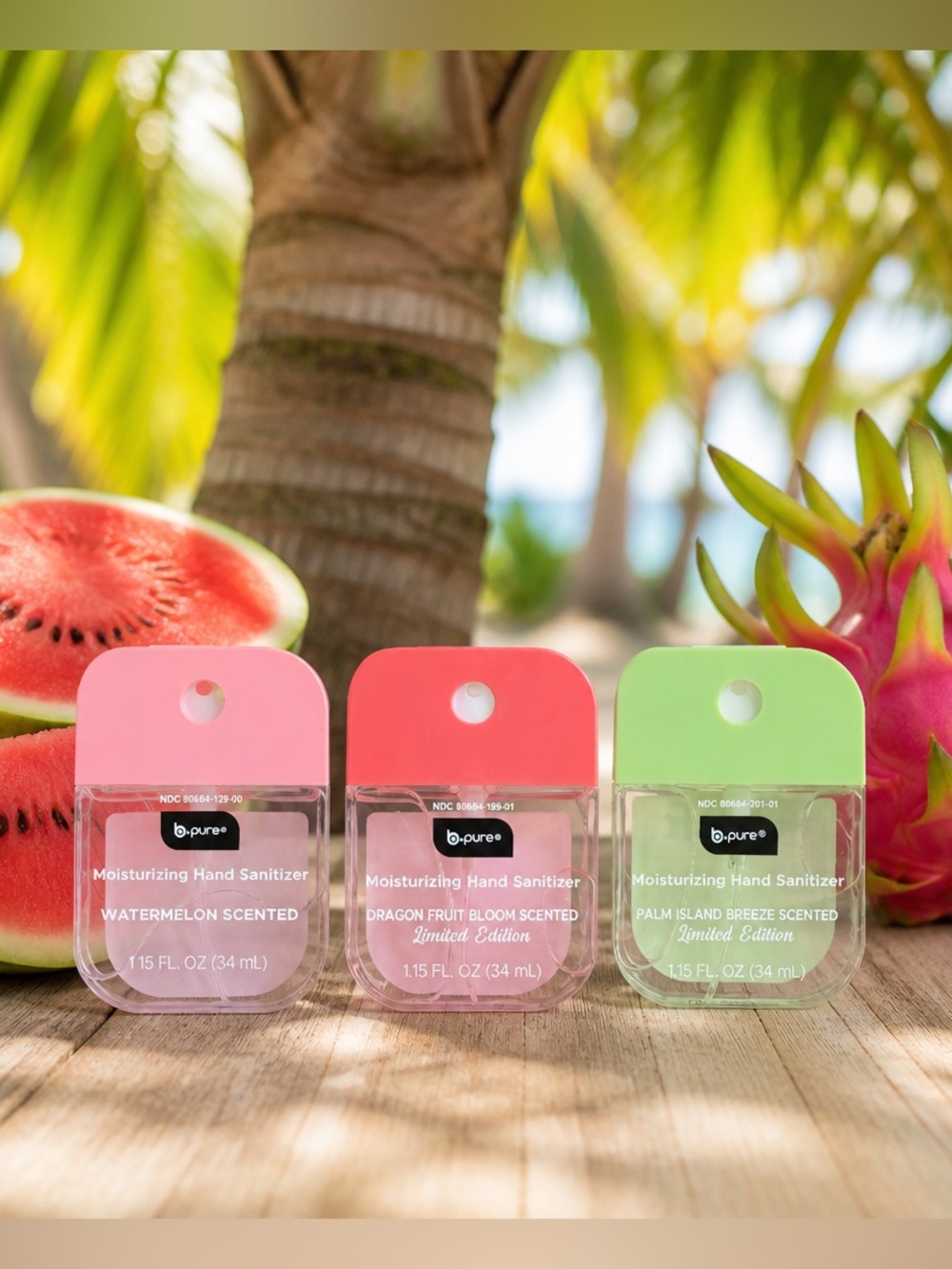 BPure Hand Sanitizer TRIO-Watermelon, Dragon Fruit Bloom & Palm Island Breeze